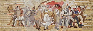 Mosaic above the National History Museum featuring Socialist propaganda and heroic revolutionary, Tirana