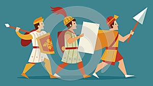 A mosaic of ancient Roman soldiers carrying scrolls with stoic mantras etched onto them marching into battle.. Vector