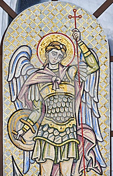 Mosaic of Archangel Michael defeats the devil. Portrait