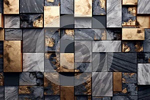 Mosaic background, gold and marble stone cubes pattern, modern shiny metal and stone blocks, tiled backdrop. Created with