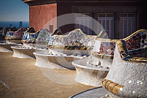 Mosaic bench in Park Guell by architect Antoni Gaudi, Barcelona, Spain.
