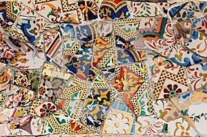 Mosaic on a bench in Park Guell. Gaudi. Barcelona. Spain