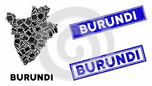 Mosaic Burundi Map and Grunge Rectangle Seals