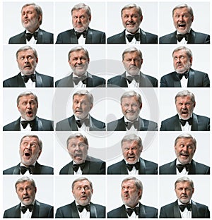 The mosaic of businessman expressing and different emotions. The bearded businessman with suit with 20 different
