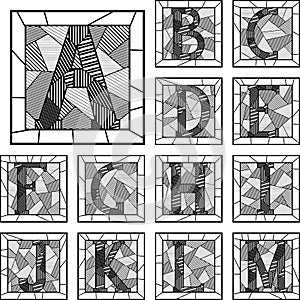 Mosaic capital letters alphabet patterned lines.