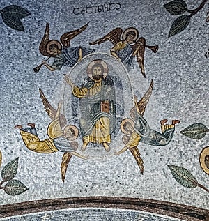 Mosaic on the ceiling of the Church of the Iberian icon of the mother of god on the Holy mountain in Tbilisi