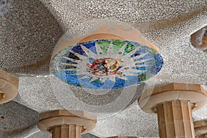 Mosaic ceilings of room of 100 columns at park Guell in Barcelona