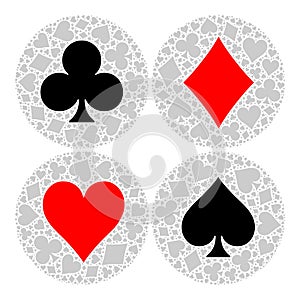 Mosaic circle of poker playing card suit with main symbol in the middle - heart, diamond, spade and club. Flat vector