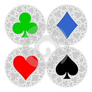 Mosaic circle of poker playing card suit with main symbol in the middle - red heart, blue diamond, black spade and green