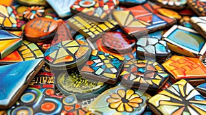 A mosaic coasters set featuring colorful ceramic tiles in various shapes and sizes creating a mosaic art piece for any