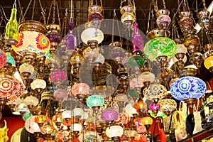 Mosaic colorful Ottoman lamps from Grand Bazaar in Istanbul, Turkey. Lanterns market in Istanbul