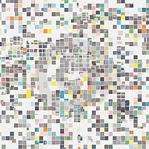 A mosaic of colorful, pixelated squares arranged in a grid pattern. Each square varies photo