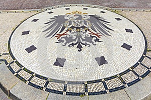 Mosaic depicting the Reichsadler Imperial Eagle in front of Neues Rathaus New City Hall at Schlossplatz in Wiesbaden