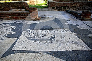 Mosaic depicting a ship over the sea, Piazza delle gilde or guilds, excavations of Ostia Antica, Rome, photo