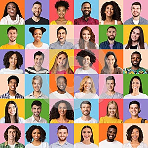 Mosaic of different multiethnic people. Happy millennials portrait collage