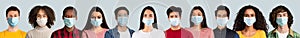 Mosaic of diverse people wearing medical face masks against covid-19 on grey studio background, collage photo