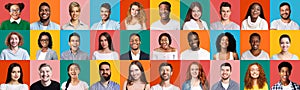 Mosaic Of Faces Of Multiethnic People Posing On Colorful Backgrounds