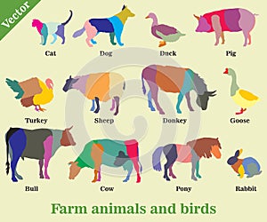 Mosaic farm animals and birds silhouettes