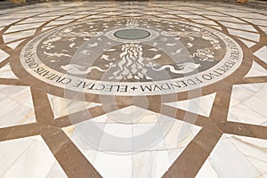 Mosaic floor at the entrance to Basilica in the Benedictine Abbey of Montserrat Santa Maria de Montserrat in Catalonia, Spain