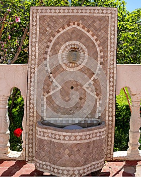 Mosaic fountain in a complex containing the tomb of Rabbi Hiam ben Diourne in the Berber village of Ouirgane in Morocco.
