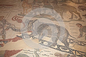 Mosaic fragment at the roman Villa Romana del Casale. Sicily. Italy