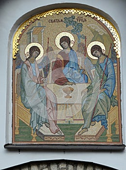 Mosaic gate icon Old Testament Trinity designed by E. Klimov and made in 1942 in Germany