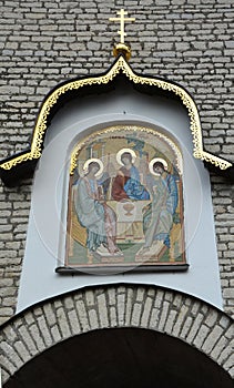 Mosaic gate icon Old Testament Trinity designed by E. Klimov and made in 1942 in Germany