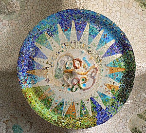 Mosaic by A. Gaudi in Park Guell in Barcelona