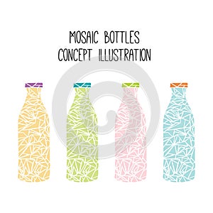 Mosaic glass bottles vector concept illustration. Colorful beverages design set