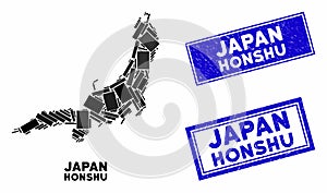 Mosaic Honshu Island Map and Grunge Rectangle Stamp Seals