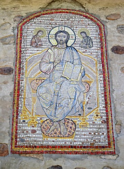 Mosaic icon of Jesus Christ the Almighty on the wall of St. Nicholas Church. Kaliningrad