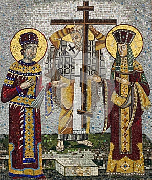 Mosaic icon of Saint Konstantin and Saint Helena in Serbian Orthodox Christian monastery Ostrog, Montenegro. Holy Cross Day.