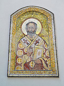 Mosaic icon of St. Nicholas the Wonderworker on the wall of St. Nicholas Church. Kaliningrad