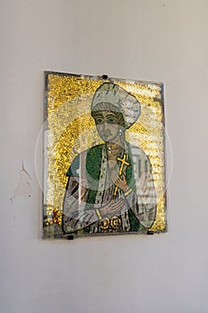 Mosaic image at the entrance to the monastic cells in the Sinai Monastery in Romania
