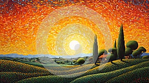 Mosaic-inspired Pointillism Landscape Painting Of Tuscan Hills