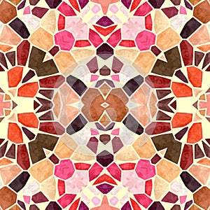 Mosaic kaleidoscope jewel seamless pattern background - brown, orange, red, pink, purple colored with yellow grout