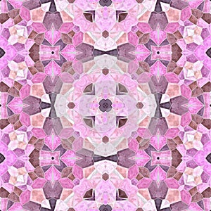 Mosaic kaleidoscope seamless pattern background - baby pink, purple, violet, maroon and brown color colored with gray grou