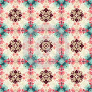 Mosaic kaleidoscope seamless pattern background - retro pastel colors - brown, pink, blue, green, beige
