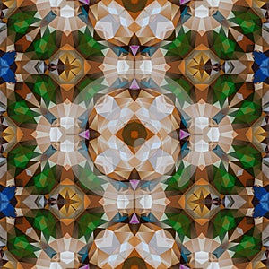 Mosaic kaleidoscope seamless texture background - emerald green, blue sapphire and brown agate colored variegated spectrum
