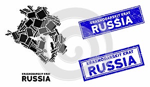 Mosaic Krasnodarskiy Kray Map and Grunge Rectangle Stamps