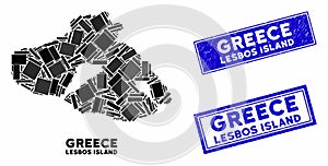 Mosaic Lesbos Island Map and Grunge Rectangle Seals