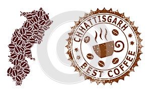 Mosaic Map of Chhattisgarh State of Coffee Beans and Distress Seal for Best Coffee
