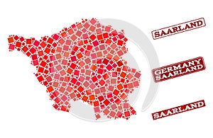 Mosaic Map of Saarland State and Grunge School Stamp Composition