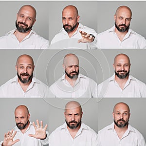 Mosaic of a middle-aged man with a beard expressing different emotions
