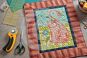 Mosaic mini quilt, sewing and quilting accessories