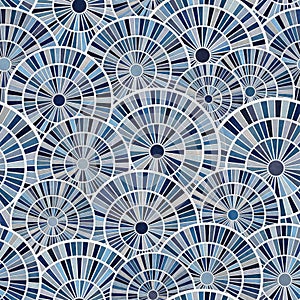 Mosaic with multicolored blue tessellated circles. Seamless geometric pattern.