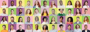 Mosaic Of Multicultural People Faces Smiling Over Colorful Studio Backgrounds photo
