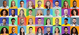 Mosaic of multiethnic people portraits expressing positivity, smiling and looking at camera on colorful backgrounds