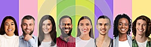 Mosaic of multinational people showing happy faces on colorful backgrounds, collage with copy space. Multiethnic society