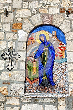 mosaic murals on a stone wall of Saint Petka's Chapel located in Belgrade Fortress or Beogradska Tvrdjava Kalemegdan Park on the